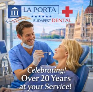 Exterior of La Porta Dental Budapest modern dental clinic welcoming international patients from Iceland and across Europe
