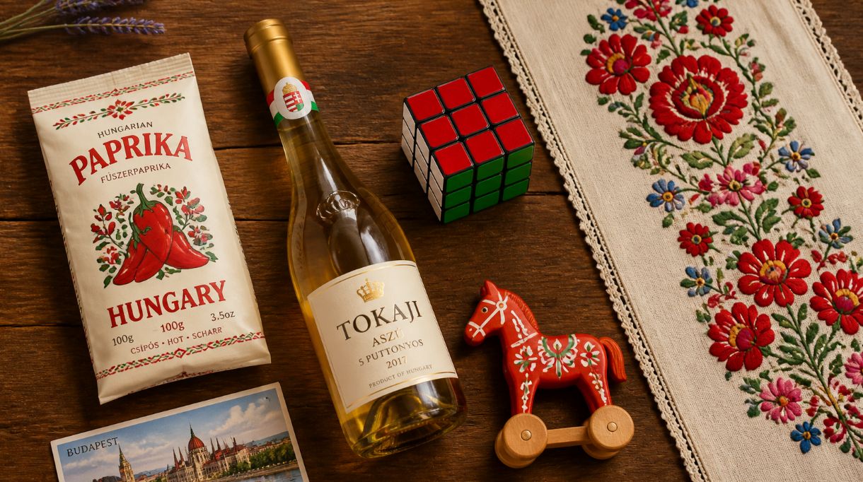 Flat-lay of classic Hungarian souvenirs on a wooden table, including paprika, Tokaji wine, a Rubik’s Cube, embroidered folk runner and wooden toy, illustrating a Hungary souvenirs guide for UK and US travellers.