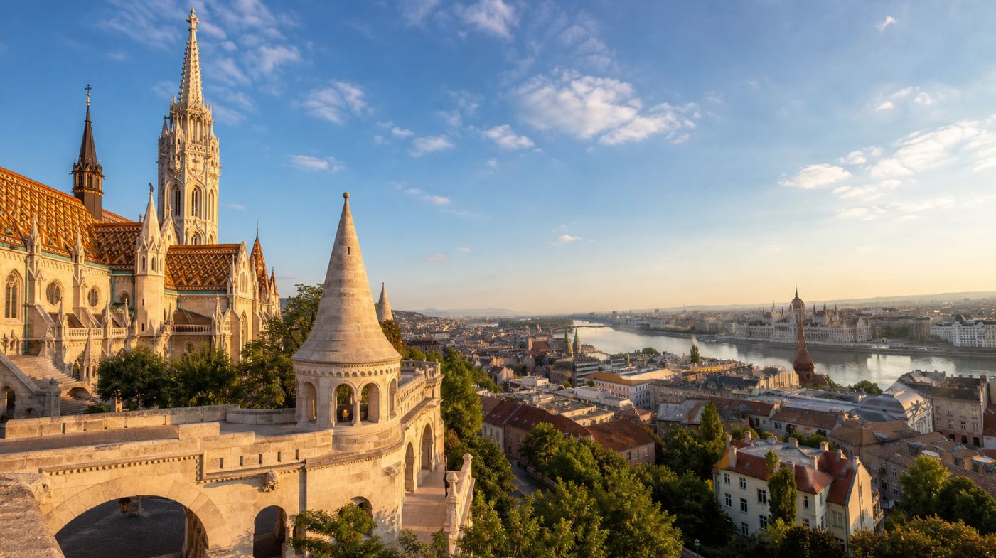 Matthias Church and Fisherman’s Bastion overlooking Budapest from Buda Castle Hill