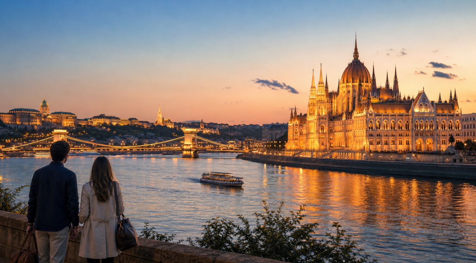 Budapest city break view of the Danube, Hungarian Parliament, Chain Bridge and Buda Castle at dusk