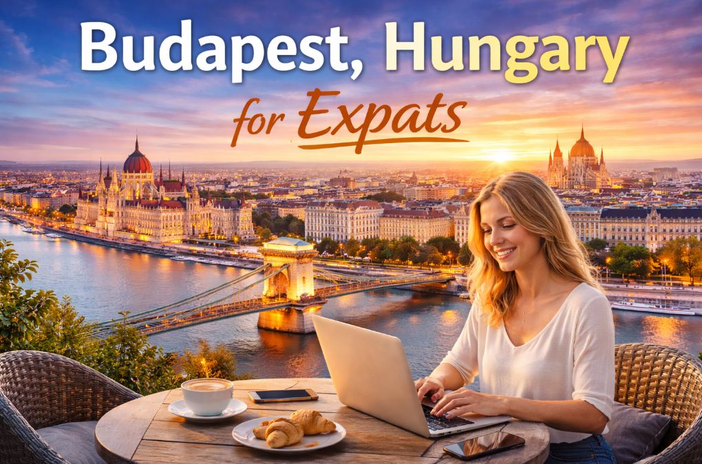 Expat working on a laptop at a café overlooking the Budapest skyline with Parliament and the Danube River at sunset in Hungary.