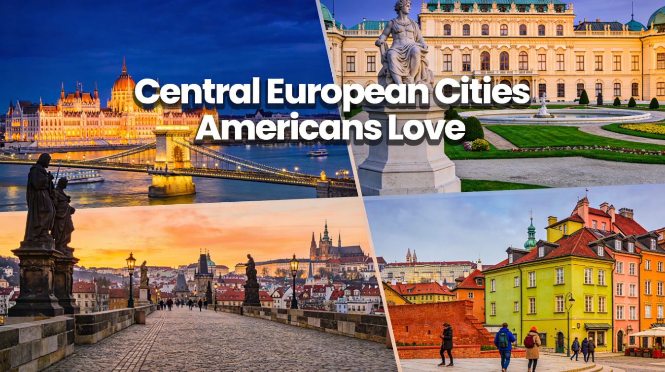 Photorealistic montage of Budapest, Vienna, Prague and Warsaw city landmarks, illustrating a Central European multi‑city tour popular with American travelers.