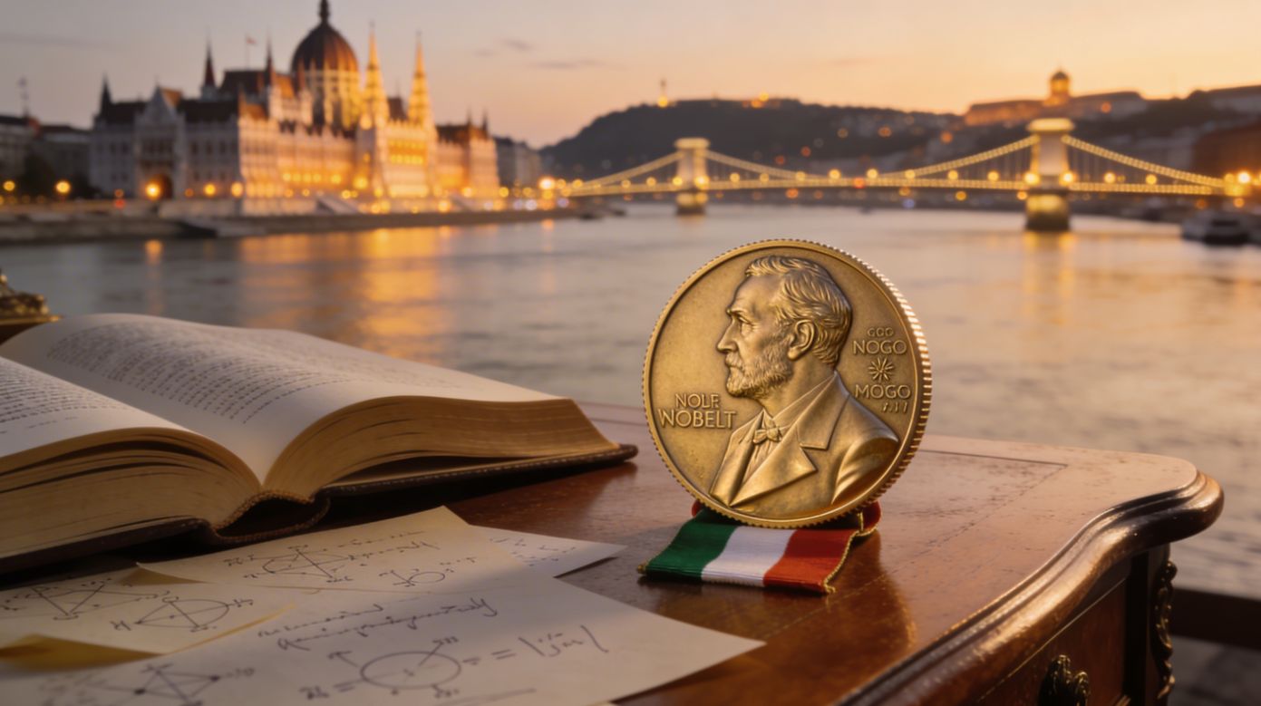 Open book with handwritten scientific notes on a wooden desk, next to a generic Nobel medal on a Hungarian flag ribbon, with Budapest’s Parliament and Chain Bridge softly blurred in the background at dusk.