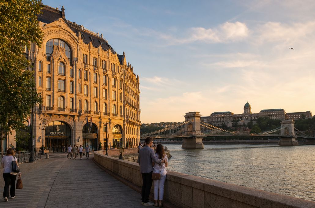 Luxury Four Seasons Gresham Palace Budapest facade at sunset overlooking the Danube River and Chain Bridge