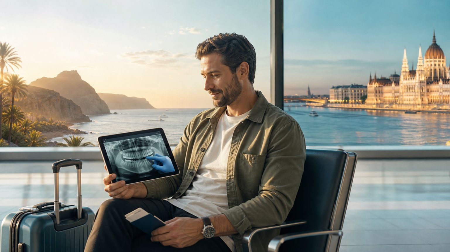 Traveller planning dental treatment from Gran Canaria to Budapest while reviewing a dental treatment plan at the airport