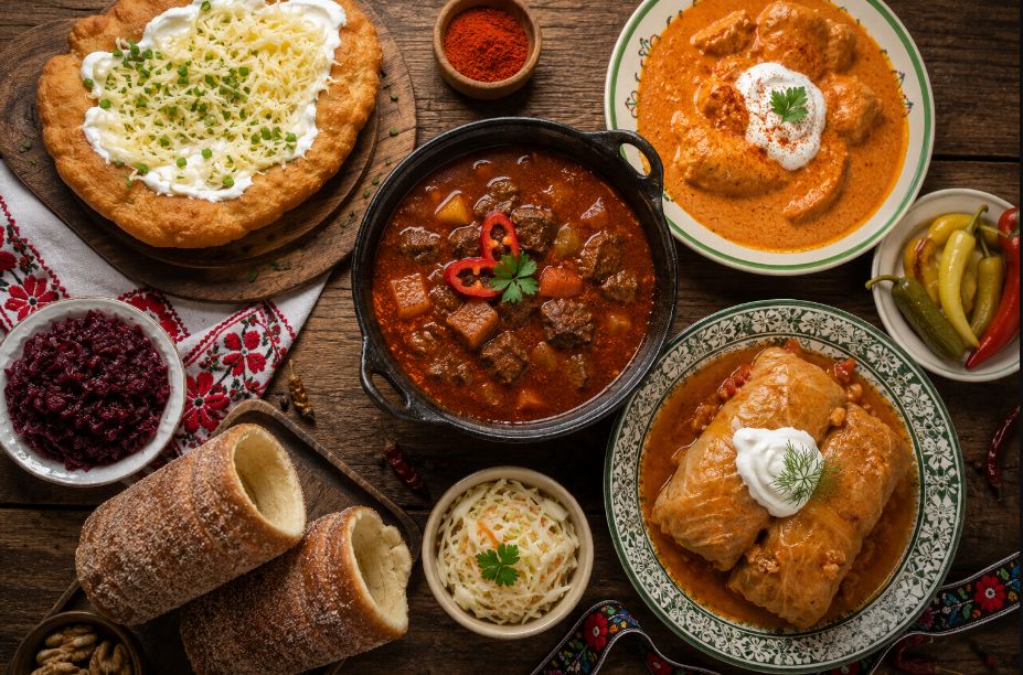 Overhead view of a rustic wooden table filled with traditional Hungarian cuisine, including goulash, chicken paprikash, lángos, stuffed cabbage and chimney cake, styled for a food and travel page.