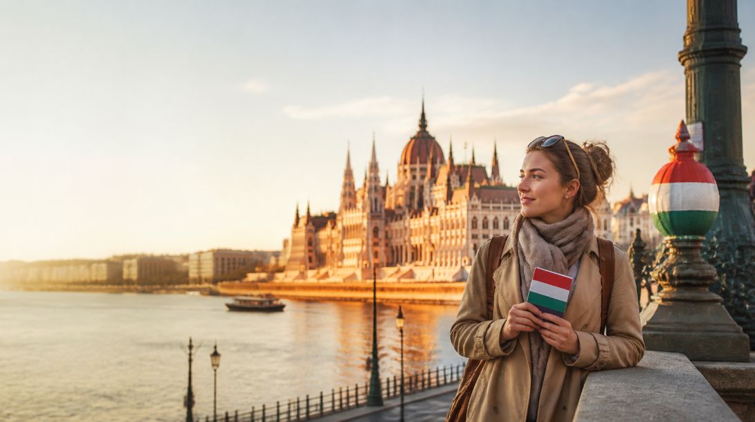 Traveller learning Hungarian in Budapest with the Hungarian Parliament building beside the Danube