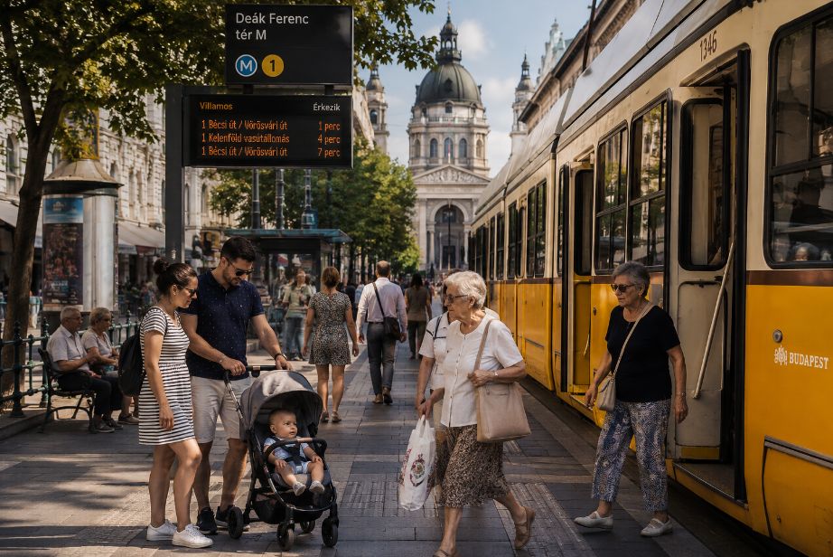 Photorealistic Budapest street scene with Hungarian locals at a tram stop, family with stroller, and yellow tram, showing everyday Hungarian lifestyle through American tourists’ eyes.