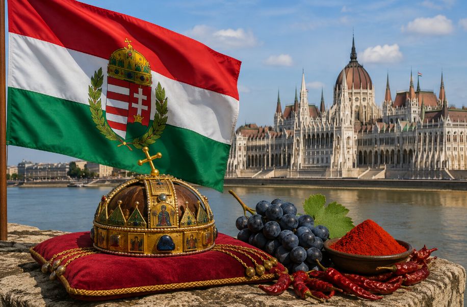 Photorealistic scene with the Hungarian tricolour flag and coat of arms waving beside a golden Holy Crown on stone, with red paprika and grapes in front of Budapest’s Parliament building by the Danube.