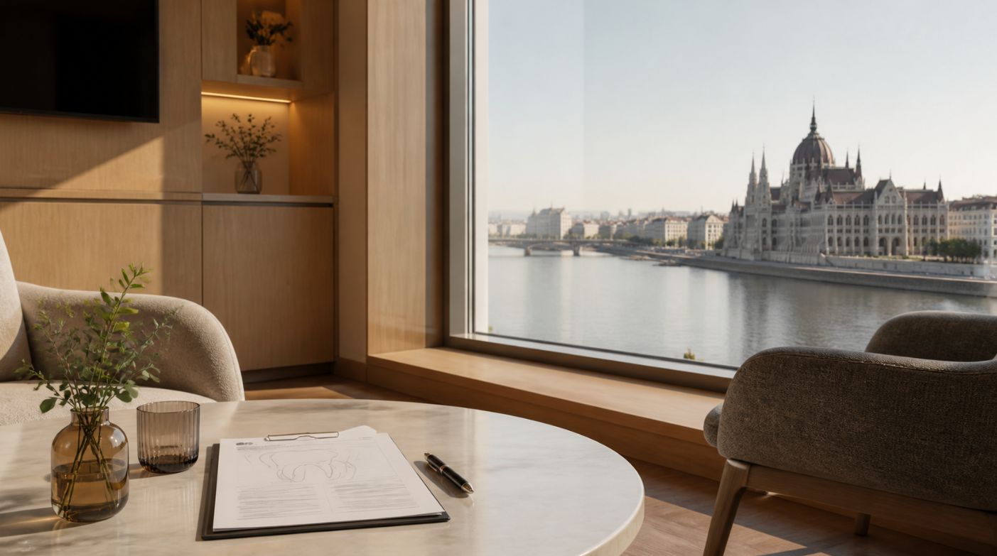 Dental treatment plan in a Budapest clinic consultation room overlooking the Danube