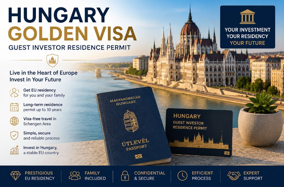 Hungary Golden Visa and Guest Investor Residence Permit with Budapest Parliament and Hungarian passport