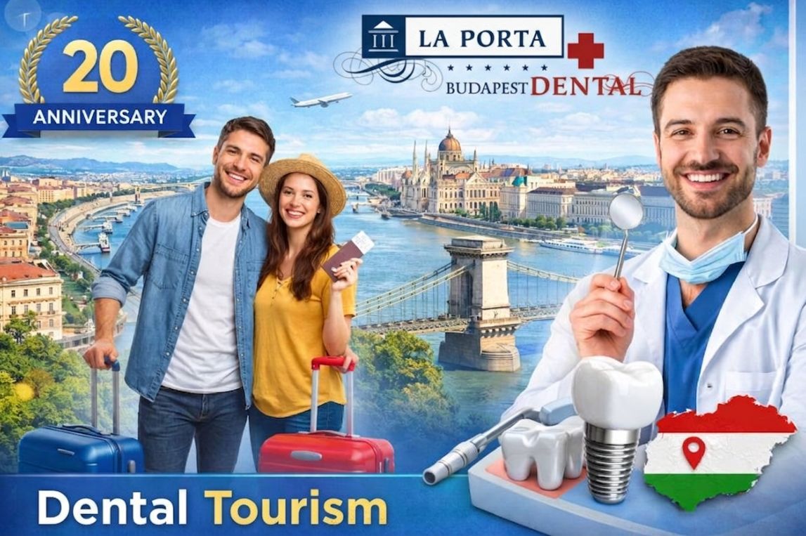 Exterior of La Porta Dental Budapest modern dental clinic welcoming international patients from Iceland and across Europe