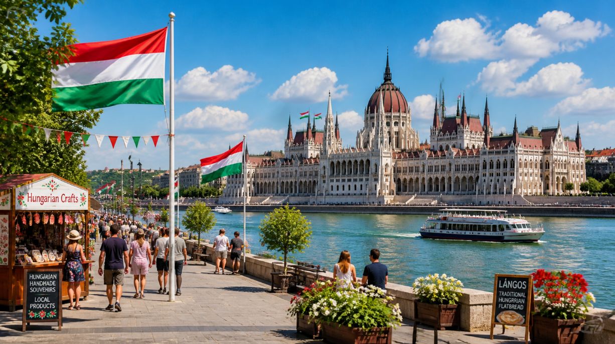 Budapest Parliament and Danube on a public holiday, with Hungarian flags, summer crowds and festive riverside stalls, illustrating Hungary public and bank holidays travel guide for UK and US visitors.