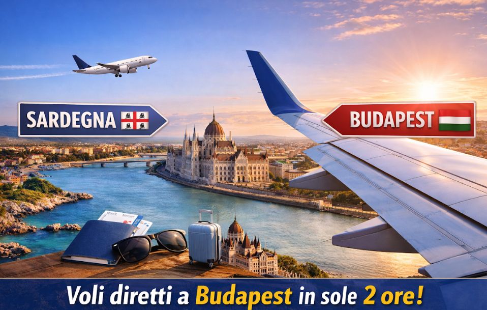 Sardinian patients traveling to Budapest for affordable dental treatment, showing flight route from Sardinia to Hungary and dentist treating smiling patient in Budapest dental clinic.