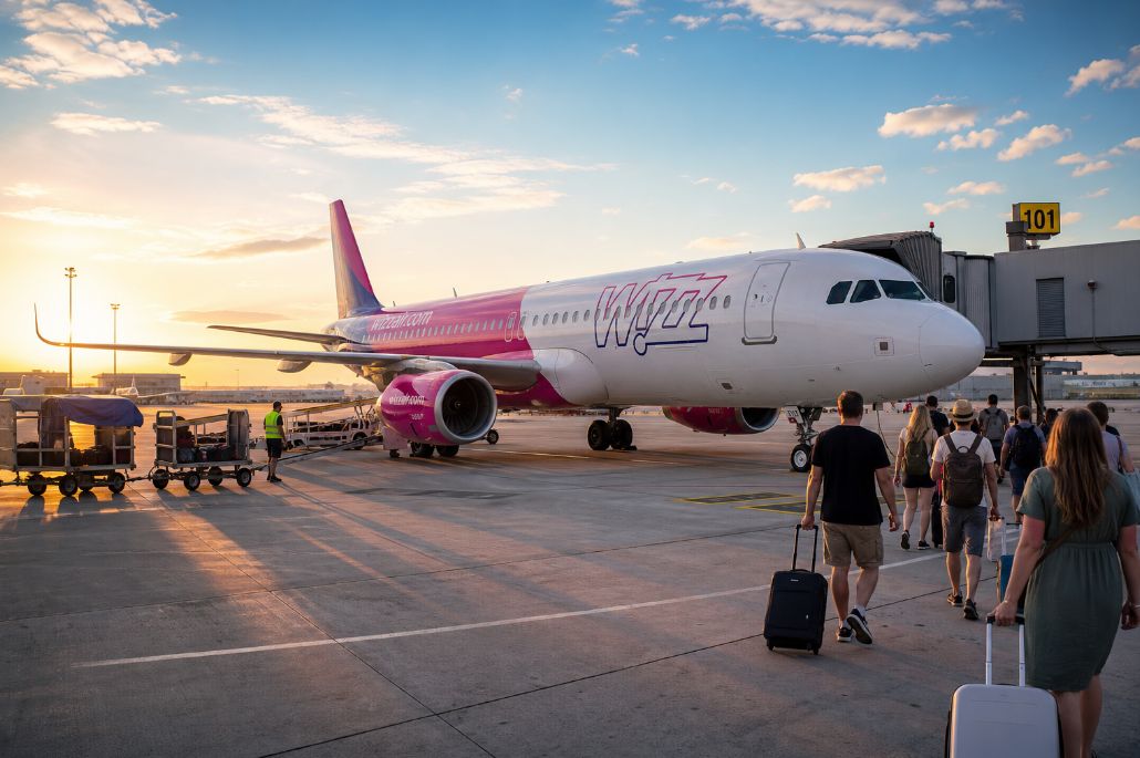 Photorealistic Wizz Air Hungary Airbus in pink and purple livery parked at a European airport gate at sunset, with ground crew and passengers nearby