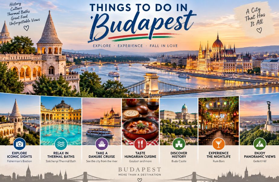 Things to do in Budapest, Hungary, featuring top Budapest attractions including Fisherman’s Bastion, Buda Castle, thermal baths, Danube River cruises, Hungarian food, ruin bars, and panoramic city views.