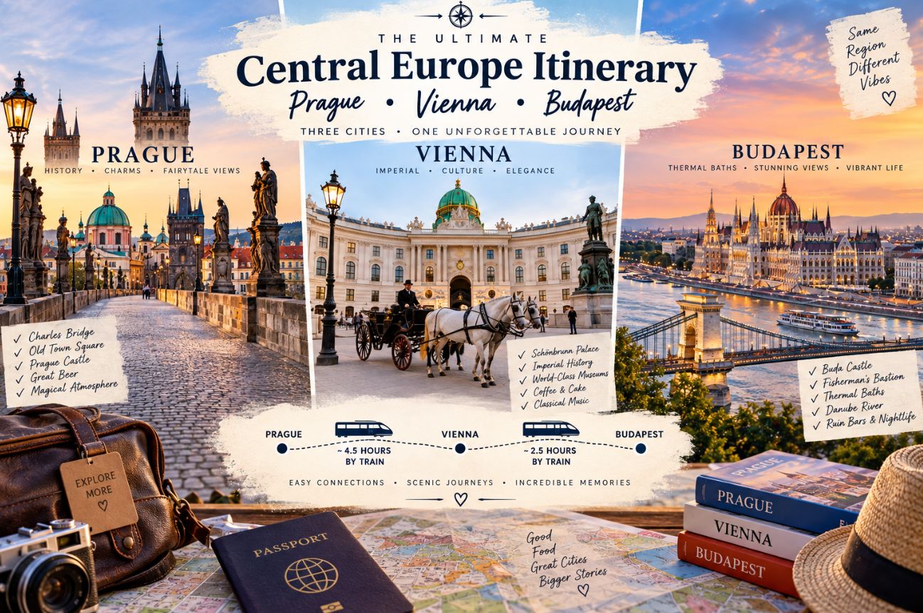 Central Europe itinerary featuring Prague, Vienna, and Budapest with top attractions, scenic views, train travel, and European city landmarks.
