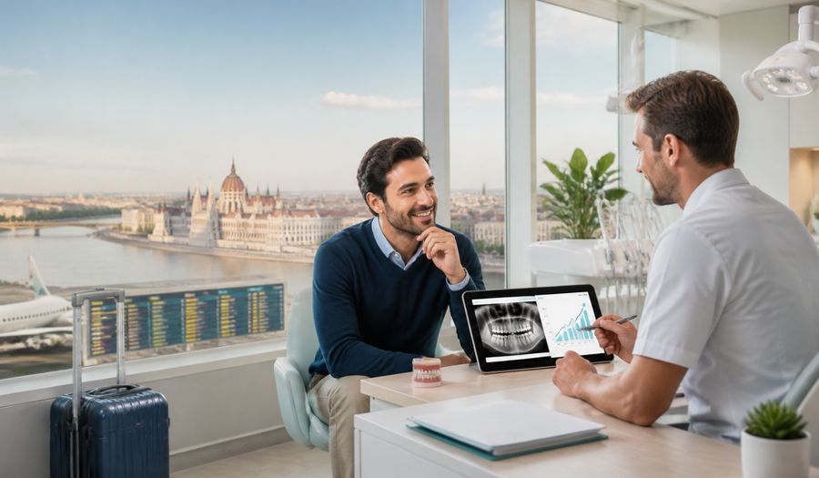 International patient reviewing a dental treatment plan with a dentist in a modern European clinic, illustrating Europe’s growing dental tourism market