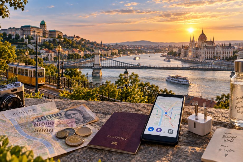 Budapest travel tips for US and UK tourists, featuring the Danube, Parliament, Chain Bridge, tram, map, Hungarian forints, passport, and travel essentials at sunset.