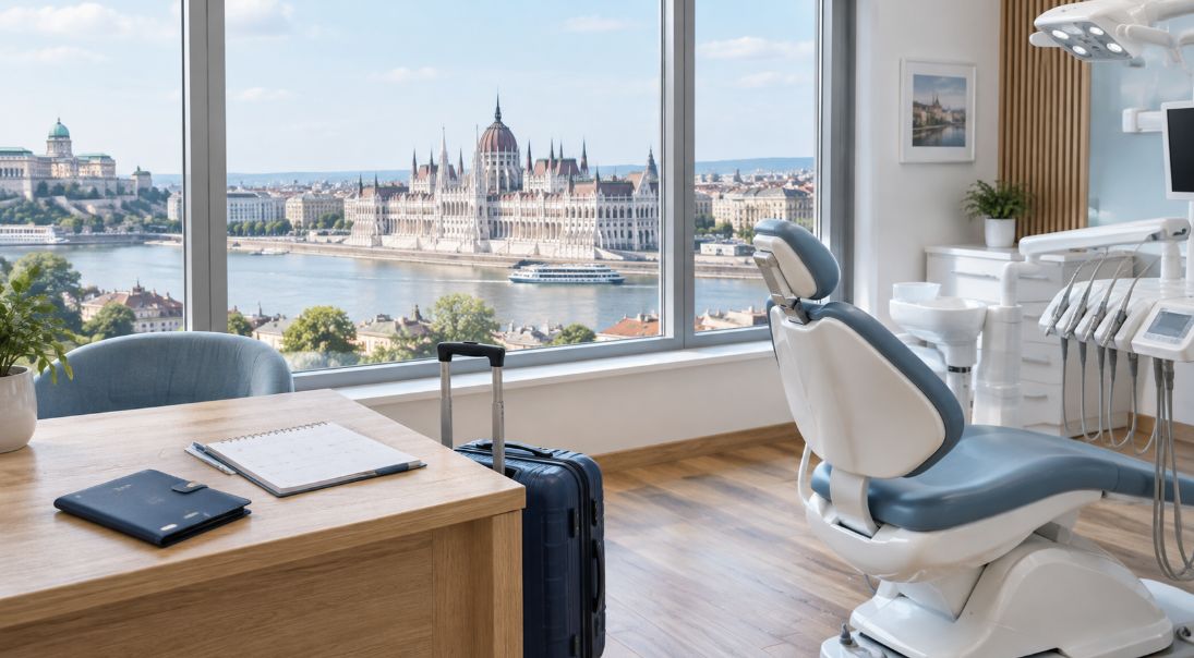 Modern dental consultation room with travel documents and a suitcase, overlooking the Danube and Hungarian Parliament in Budapest.