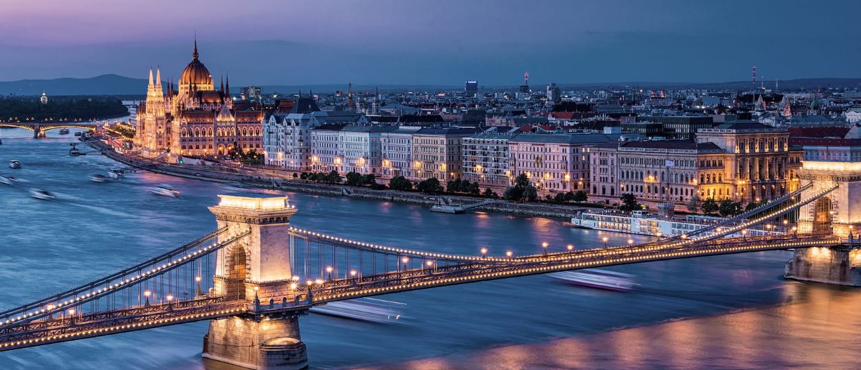 Panoramic view of Budapest with Buda Castle and green hills on the left, the Danube and Chain Bridge, and Pest’s Parliament and urban riverfront on the right.