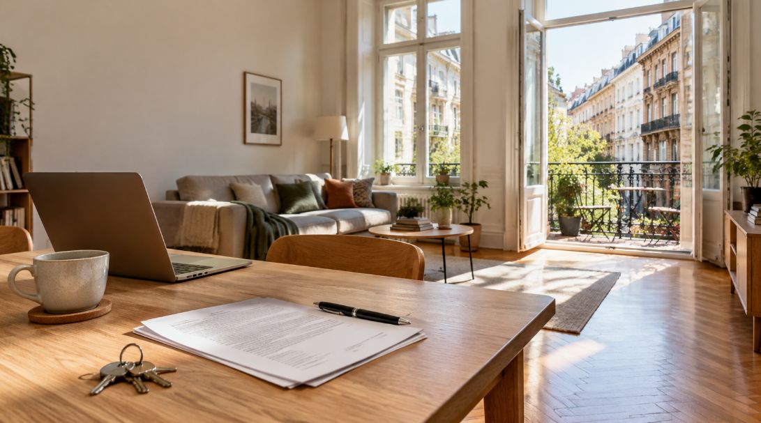 Bright Budapest rental apartment with keys and lease paperwork on a wooden table, overlooking historic buildings through open balcony doors.