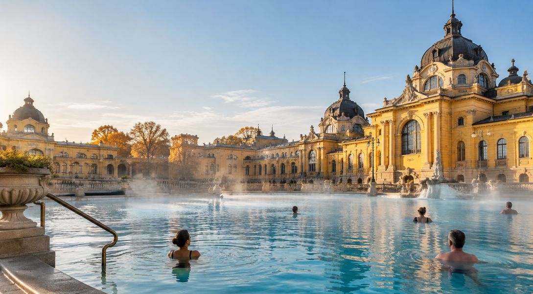 Steam rises from Széchenyi’s outdoor thermal pools in Budapest, with adult bathers and ornate yellow buildings in warm autumn light.