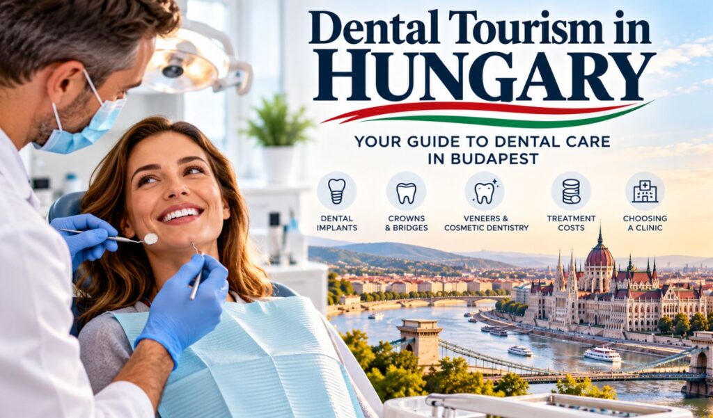 Dental tourism in Hungary featuring a patient receiving dental care and a Budapest skyline with the Parliament and Danube River.