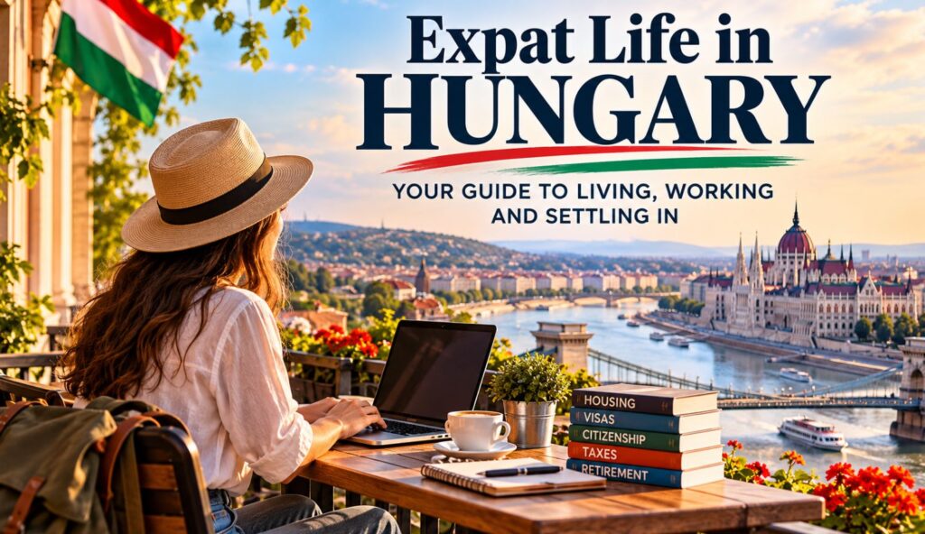 Expat life in Hungary guide featuring Budapest Parliament, the Danube, and an expat working on a laptop at a café.