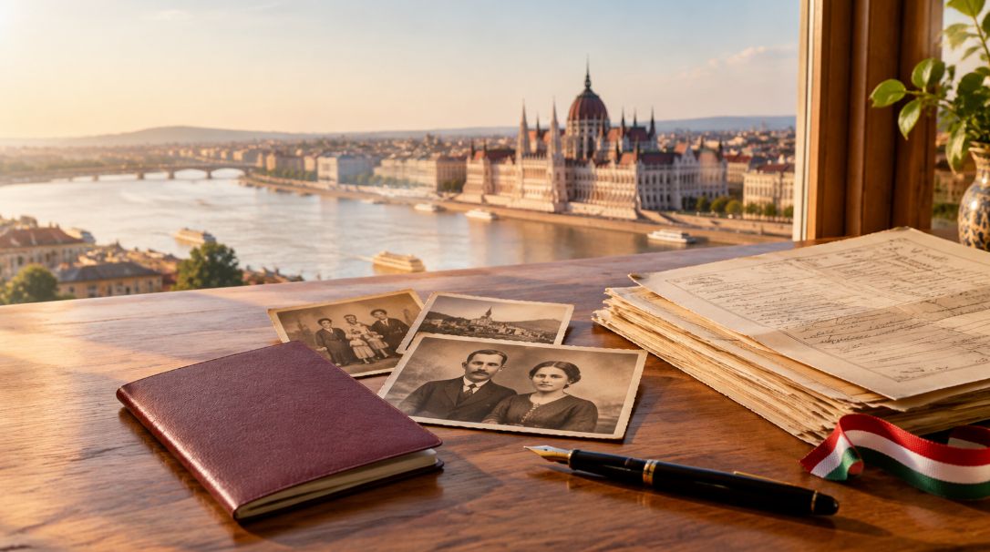 Family photographs, ancestral records and a burgundy passport-style booklet on a desk overlooking the Hungarian Parliament in Budapest.