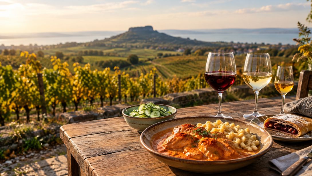 Hungarian chicken paprikash with nokedli, cucumber salad and wine tasting glasses on a vineyard terrace overlooking Lake Balaton.