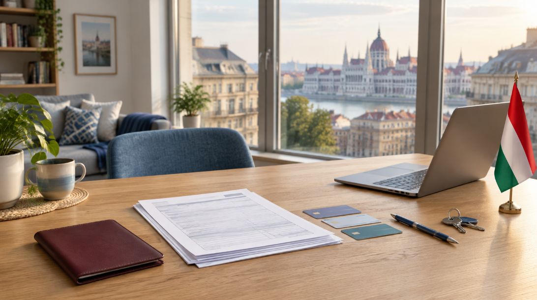 Paperwork, cards, apartment keys and a laptop on a Budapest desk beside a Hungarian flag, illustrating expat banking, address registration and healthcare setup.