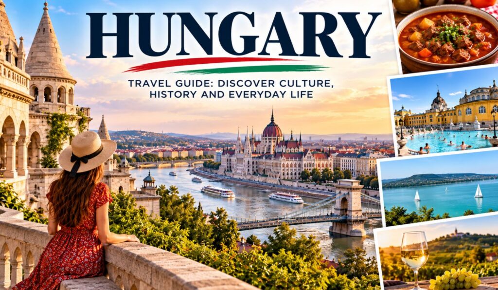 Hungary travel guide featuring Budapest Parliament and the Danube River at sunset, with Hungarian goulash, thermal baths, Lake Balaton and vineyard scenery.