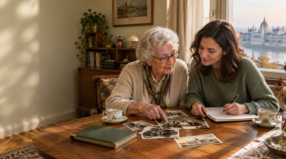Woman learning Hungarian with her grandmother while looking at old family photographs in a Budapest apartment.