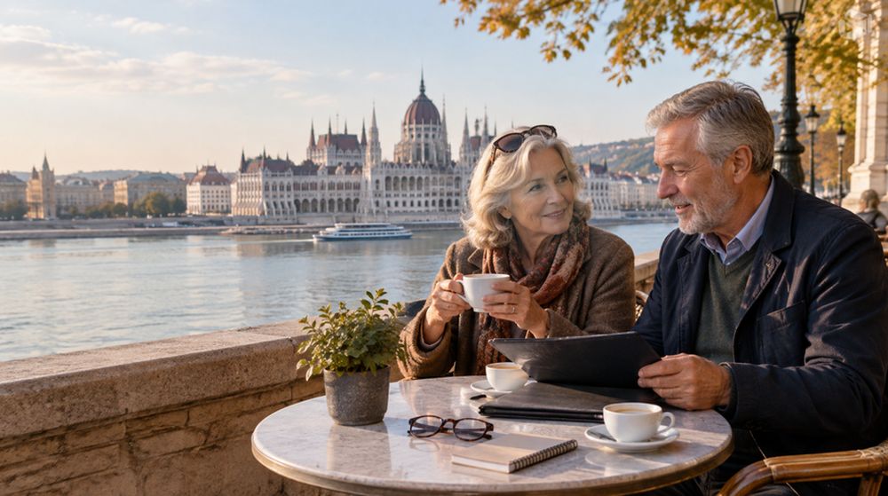 Retired couple enjoying coffee beside the Danube in Budapest, with the Hungarian Parliament Building in the background.